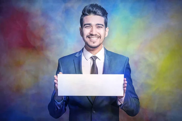 Young Attractive Man Blue Suit Holding White Empty Sign Colorful — Stock Photo, Image