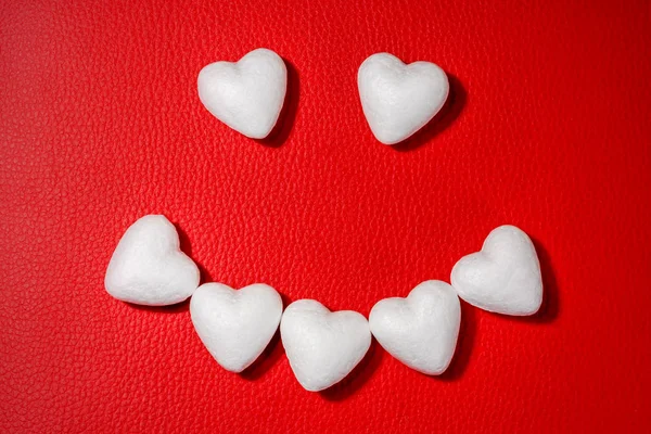 Happy Face Made White Hearts Red Leather Background — Stock Photo, Image