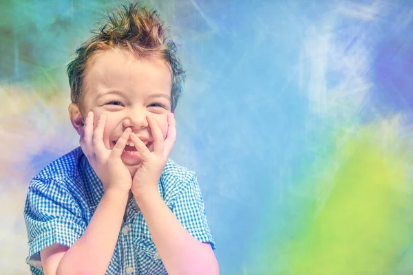 Cute Laughing Boy Blue Shirt Colorful Background — Stock Photo, Image