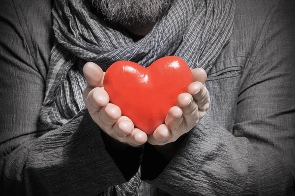 Man Blue Jacket Scarf Holding Red Heart Toned — Stock Photo, Image