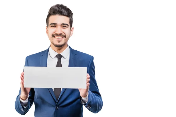 Young Attractive Man Blue Suit Holding White Sign White Background — Stock Photo, Image