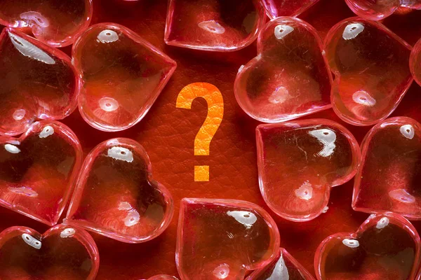 Transparent Glass Hearts Red Leather Background Question Mark — Stock Photo, Image