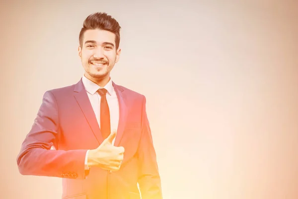 Young Attractive Man Blue Suit Showing Thumb Bright Light — Stock Photo, Image