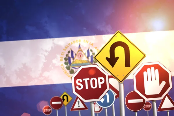 Road Stop Signs Background Salvador Flag — Stock Photo, Image