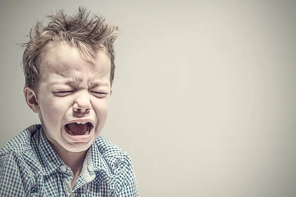 Huilen Kleine Jongen Een Grijze Achtergrond Rechtenvrije Stockfoto's