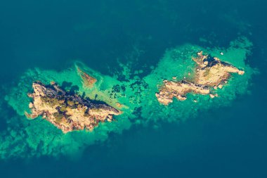 Deniz yeşil ağaçların bir kayalık ada, üstten görünüm