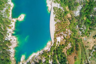 Yeşil orman tarafından çevrili bir güzel dağ gölü üstten görünüm