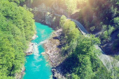 Yeşil orman tarafından çevrili dağ nehir ve asfalt yolun üstten görünüm