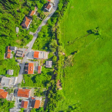 Üstten görünüm köyü nün yeşil çimenlerin üzerinde kırmızı kiremitli çatılı evler