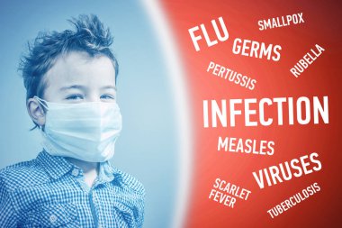 Çocukta hastalık kırmızı bir arka plan üzerinde adının yanındaki tıbbi maskesi