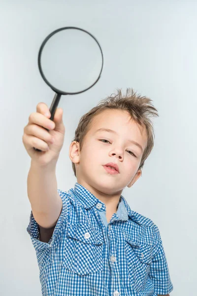 Cute Boy Blue Shirt Magnifying Glass — Stock Photo, Image