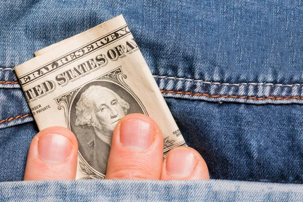 Hand Holds Dollar Banknote Jeans Pocket — Stock Photo, Image