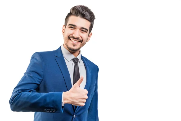 Young Attractive Man Blue Suit Showing Thumb White Background Isolated — Stock Photo, Image