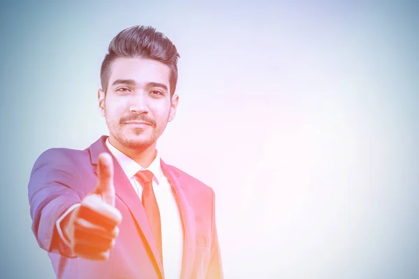 Young Attractive Man Blue Suit Showing Thumb Bright Light — Stock Photo, Image