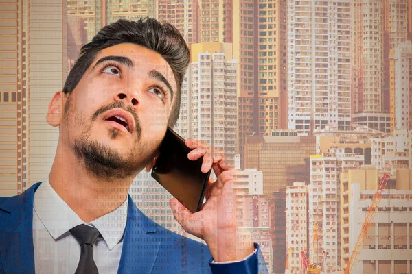 Young Attractive Man Blue Suit Talking Phone Background Skyscrapers — Stock Photo, Image
