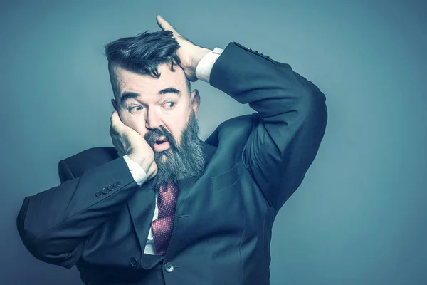 Adult Bearded Man Suit Unscrews His Square Head Blue Background — Stock Photo, Image