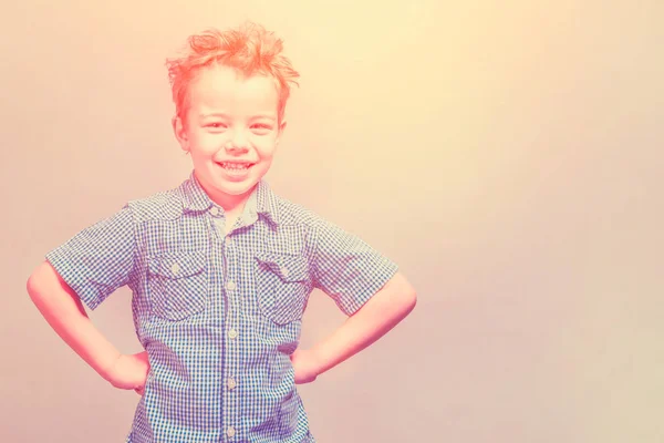 Cute Little Boy Blue Shirt Standing His Hands His Hips — Stock Photo, Image