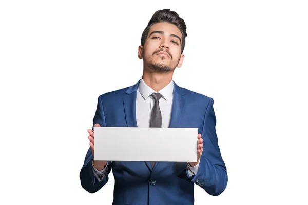 Young Attractive Man Blue Suit Holding White Sign White Background — Stock Photo, Image