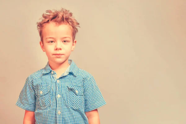 Menino Bonito Uma Camisa Azul Fundo Bege — Fotografia de Stock