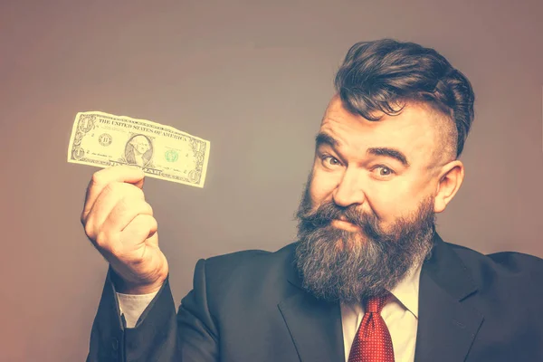 Adult Bearded Man Suit Holding Dollar Brown Background — Stock Photo, Image