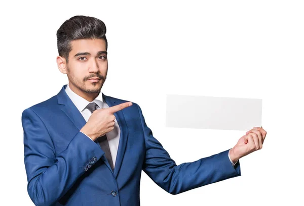 Young Attractive Man Blue Suit Showing Finger Empty White Sign — Stock Photo, Image