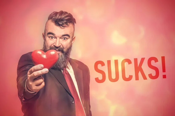 Adult Bearded Man Gray Suit Holding Heart Red Background Inscription — Stock Photo, Image