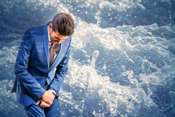 Young Attractive Man Blue Suit Feels Pain Background Water — Stock Photo, Image