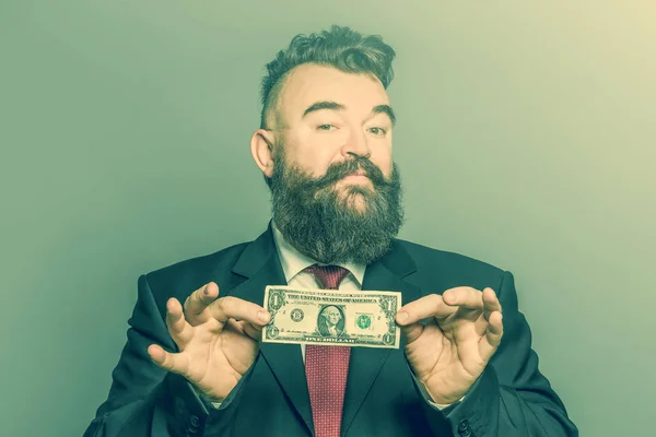 Hombre Barbudo Adulto Traje Que Sostiene Dólar Sobre Fondo Verde — Foto de Stock