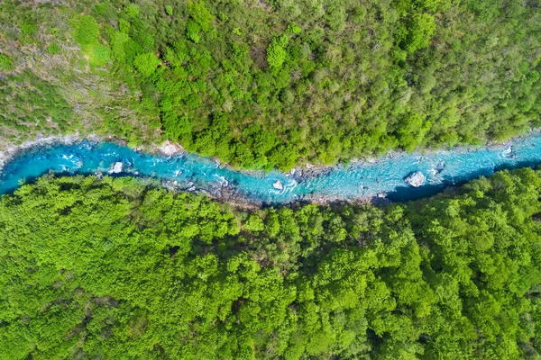 Top view of the river in the mountains surrounded by a green forest