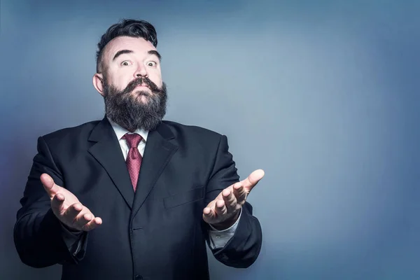 Adult Bearded Man Suit Helpless Gesture Blue Background — Stock Photo, Image