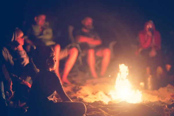 Night Camping Boy Sitting Burning Campfire Looking Flame Stock Photo