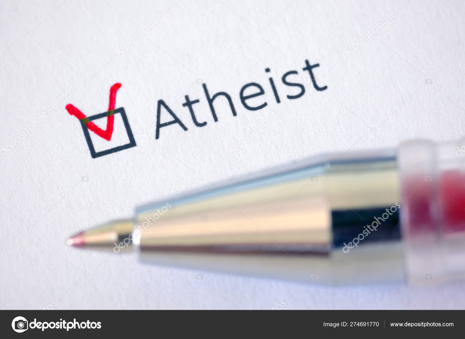 Questionnaire Red Pen Inscription Atheist Check Mark White Paper
