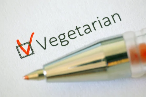 Cuestionario Pluma Roja Inscripción Vegetarian Con Marca Verificación Papel Blanco —  Fotos de Stock