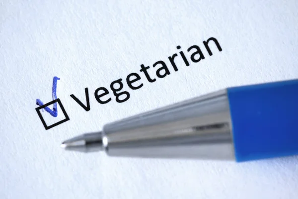 Cuestionario Pluma Azul Inscripción Vegetarian Con Marca Verificación Papel Blanco —  Fotos de Stock