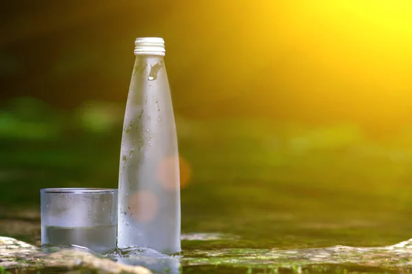 Bottiglia Vetro Con Acqua Fresca Fresca Sullo Sfondo Della Natura — Foto Stock