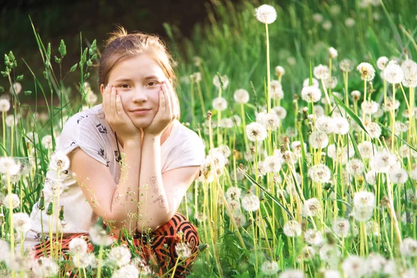 Ragazza tra i denti di leone su un prato verde . — Foto Stock