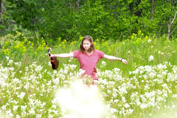 La chica con el ukelele en la madrugada en el prado . — Foto de Stock