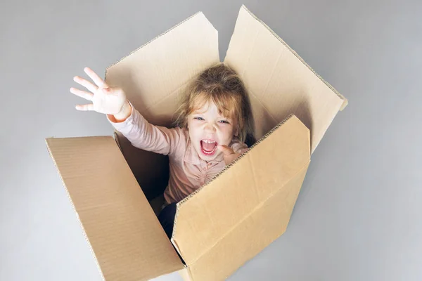 Screaming little girl  inside a cardboard box. Toned.
