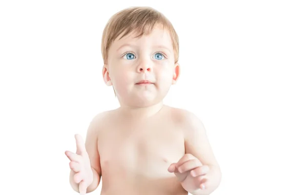 Lindo bebé rubio de ojos azules sobre un fondo blanco. Aislado . —  Fotos de Stock