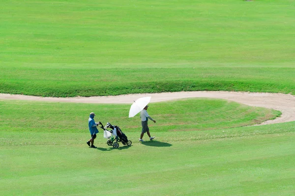 Golfer gehen auf einen grünen Golfplatz. — Stockfoto
