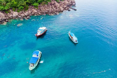 Mavi denizde turistlerin olduğu eğlence yatları. Yukarıdan görüntüle.