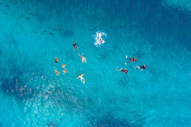 Dalgıçlar ve şnorkeller mavi suda, üst manzara.