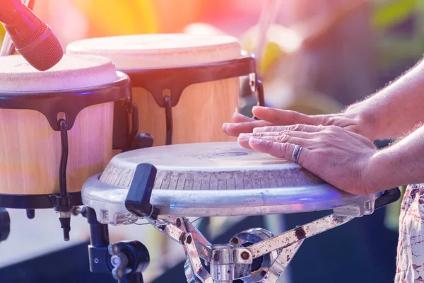 Close up of musician group beats drums. — Stock Photo, Image