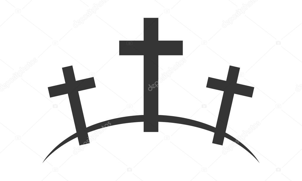 Calvary icon with three crosses on white background. Vector illustration. Black Calvary sign in flat design.