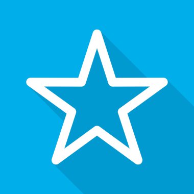 Düz tasarım beyaz yıldız simgesi. Uzun gölge ile mavi arka plan üzerinde yıldız. Vektör çizim.