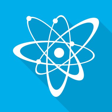 Düz tasarım atom simgesi. Beyaz molekül simge veya atom simgesi mavi zemin üzerine uzun gölge ile. Vektör çizim.