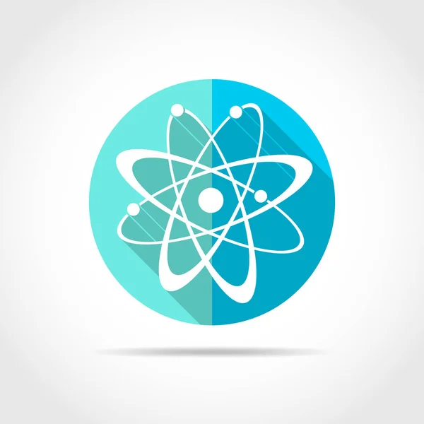 白色原子在平面设计与长的阴影 矢量插图 蓝色圆形按钮上的简单原子图标 — 图库矢量图片