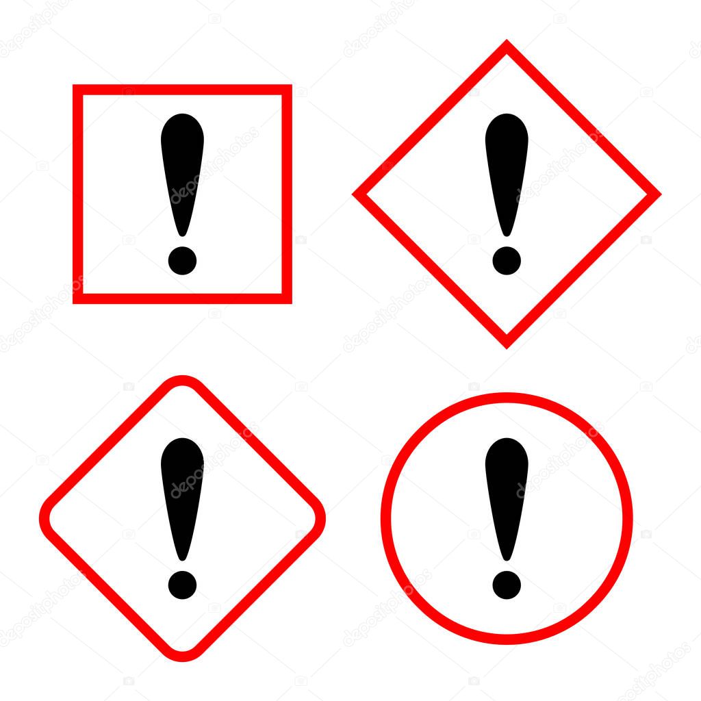 Set of the attention icons. Vector illustration. Danger symbols in flat design. Exclamation mark in a red frame.