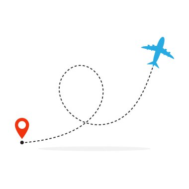 Uçak ve beyaz arka plan, yolda. Vektör çizim. Uçak uçuş yolu ve güzergâhı