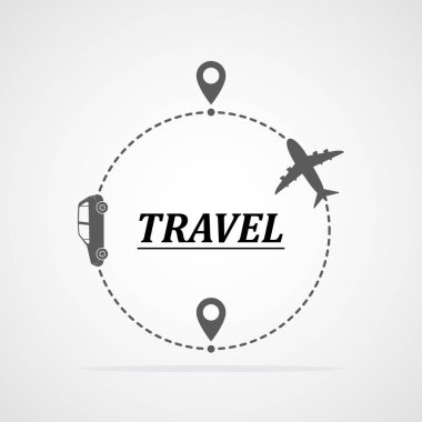 Araba ve uçak ile seyahat kavramı. Vektör çizim. Seyahat rota veya konum işaretçileri olan parça